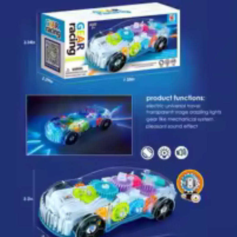 Kids Flashing Racing Car Toy Transparent Light Up Colorful LED Music Mechanical Gear Car Luminous Model